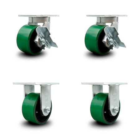 Service Caster 6 Inch Heavy Duty Green Poly on Metal Caster Swivel Lock/Brake 2 Rigid, 2PK SCC-KP92S630-PUR-GB-SLB-BSL-2-R-2